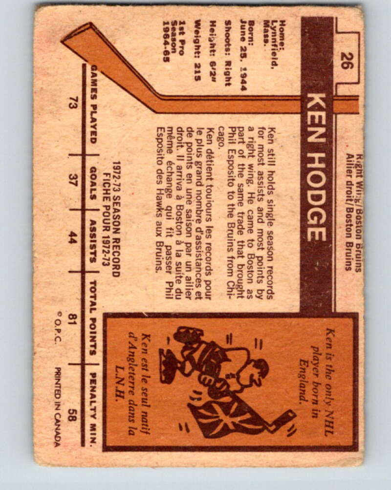 1973-74 O-Pee-Chee #26 Ken Hodge Boston Bruins V8024