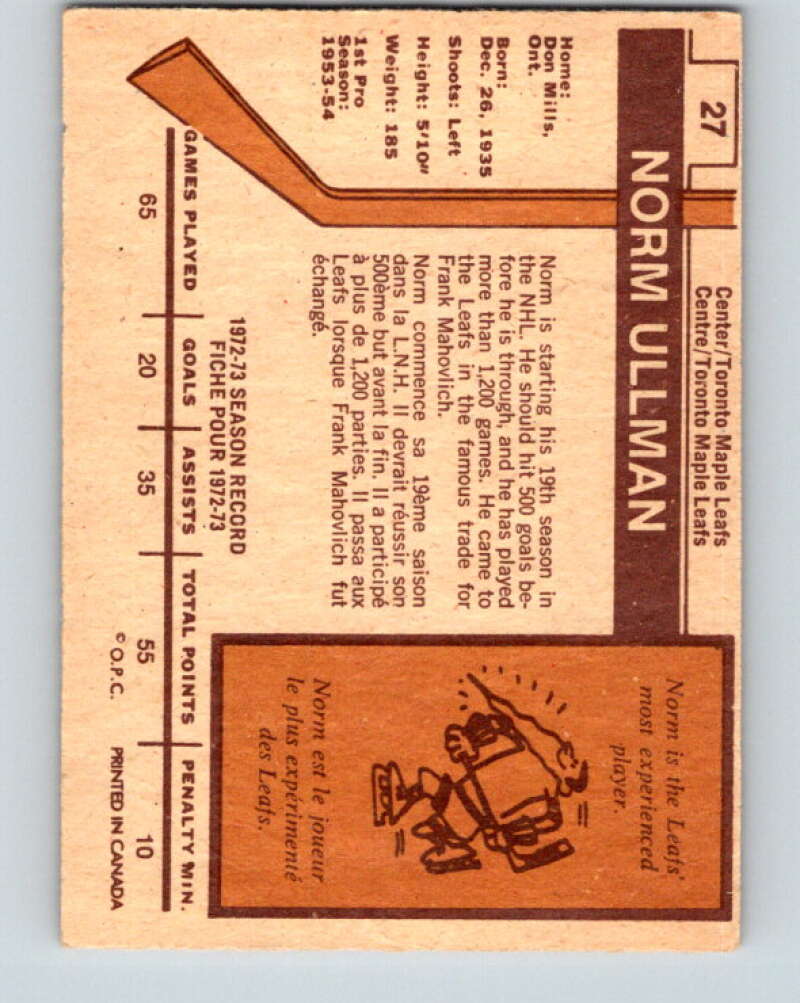 1973-74 O-Pee-Chee #27 Norm Ullman Toronto Maple Leafs V8025