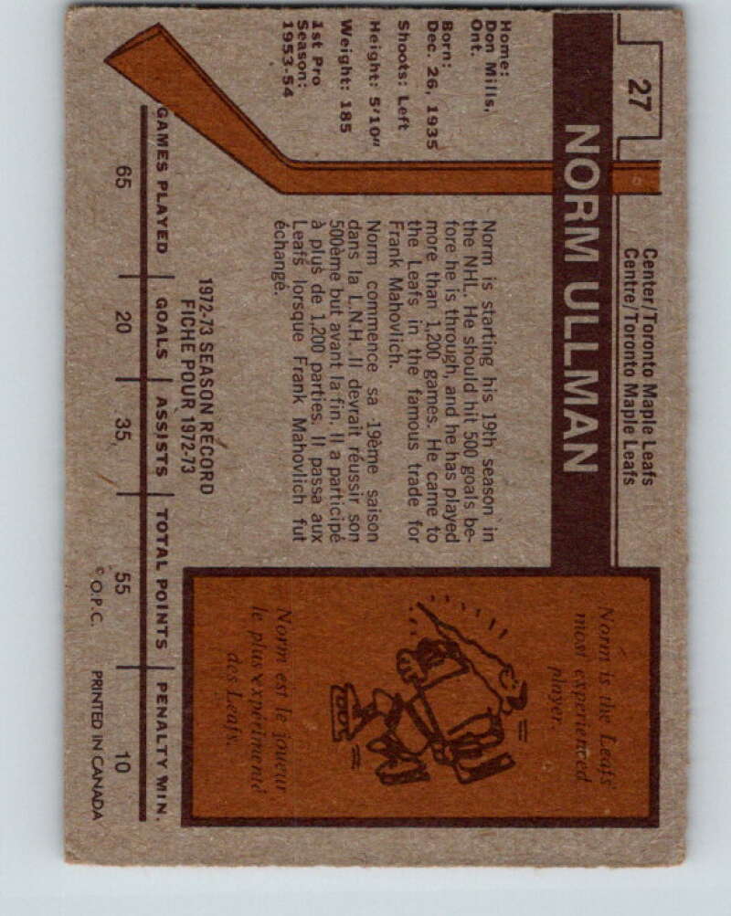 1973-74 O-Pee-Chee #27 Norm Ullman Toronto Maple Leafs V8028