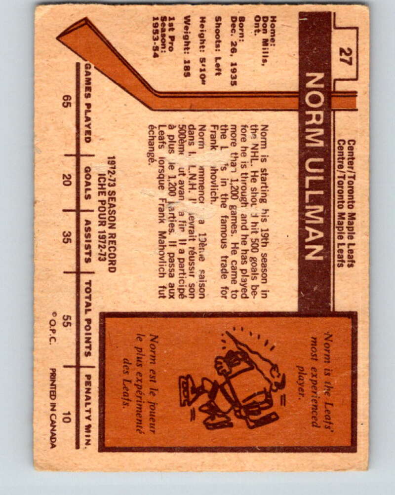 1973-74 O-Pee-Chee #27 Norm Ullman Toronto Maple Leafs V8030