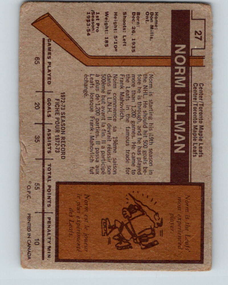 1973-74 O-Pee-Chee #27 Norm Ullman Toronto Maple Leafs V8031