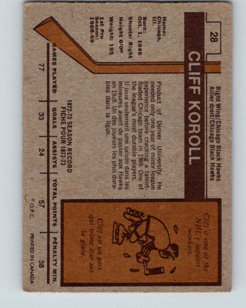 1973-74 O-Pee-Chee #28 Cliff Koroll Chicago Blackhawks V8033