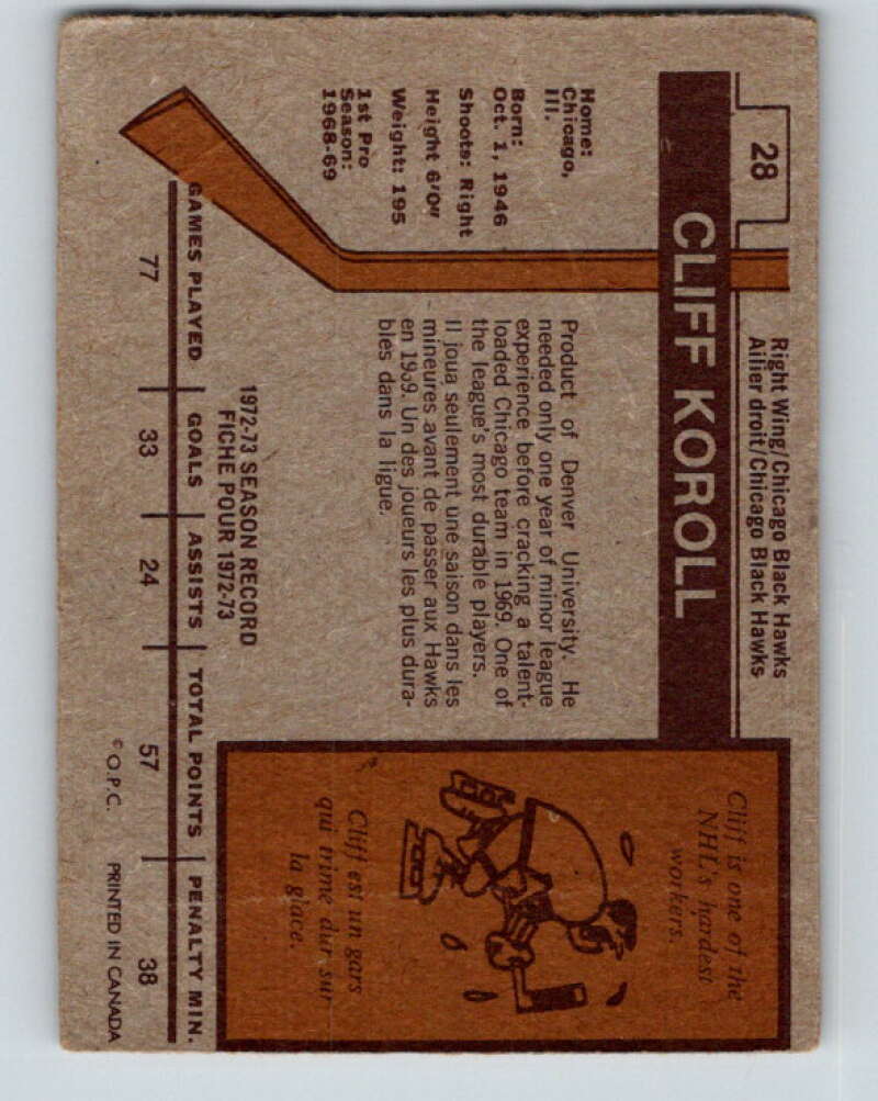 1973-74 O-Pee-Chee #28 Cliff Koroll Chicago Blackhawks V8035