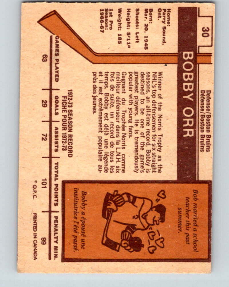 1973-74 O-Pee-Chee #30 Bobby Orr Boston Bruins V8041