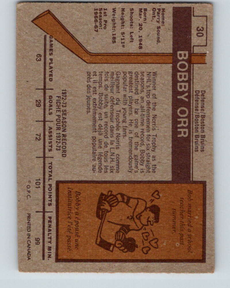 1973-74 O-Pee-Chee #30 Bobby Orr Boston Bruins V8042