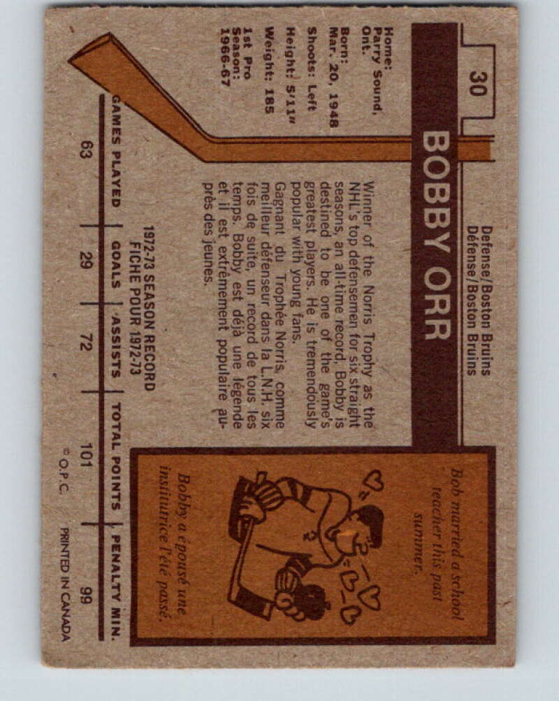 1973-74 O-Pee-Chee #30 Bobby Orr Boston Bruins V8043