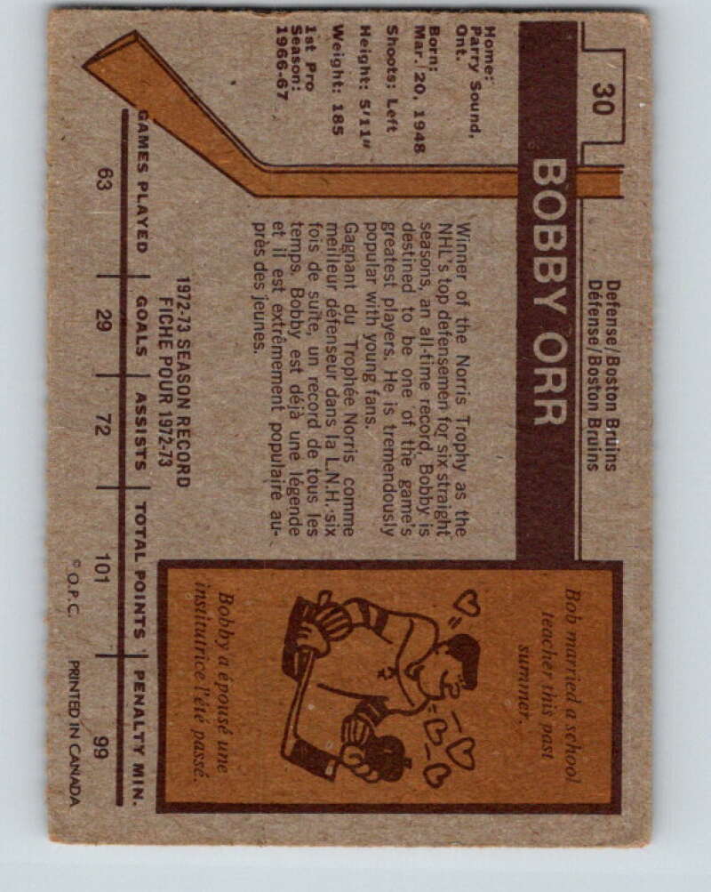 1973-74 O-Pee-Chee #30 Bobby Orr Boston Bruins V8044