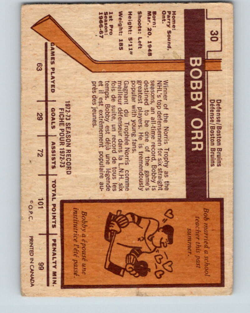 1973-74 O-Pee-Chee #30 Bobby Orr Boston Bruins V8046