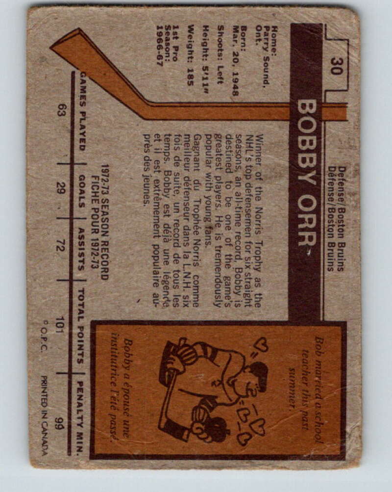 1973-74 O-Pee-Chee #30 Bobby Orr Boston Bruins V8047
