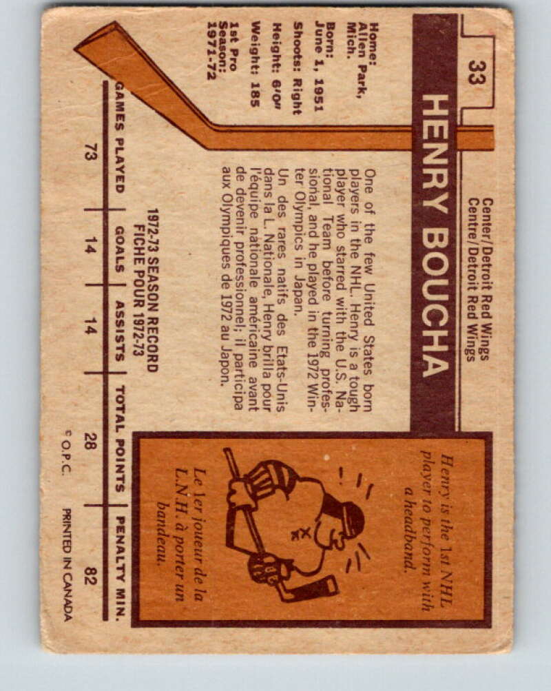 1973-74 O-Pee-Chee #33 Henry Boucha RC Rookie Detroit Red Wings V8059
