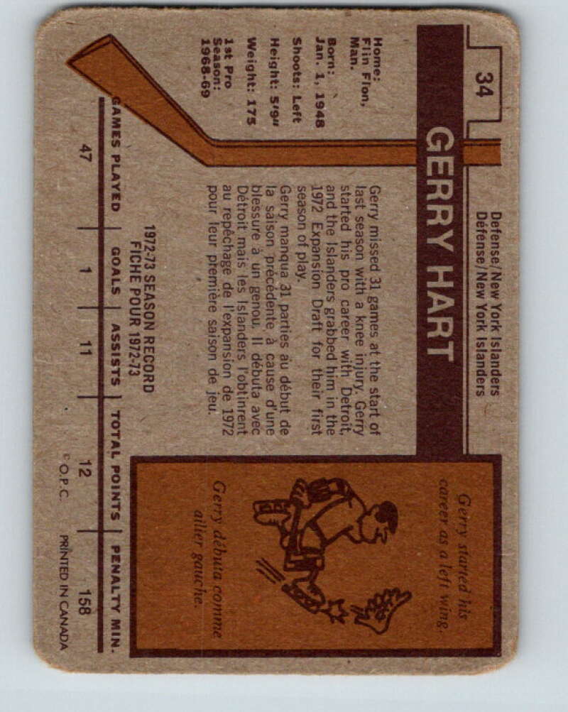 1973-74 O-Pee-Chee #34 Gerry Hart New York Islanders V8060