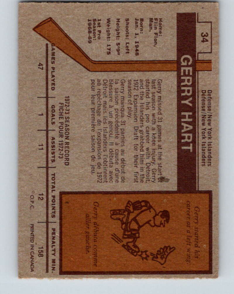 1973-74 O-Pee-Chee #34 Gerry Hart New York Islanders V8061