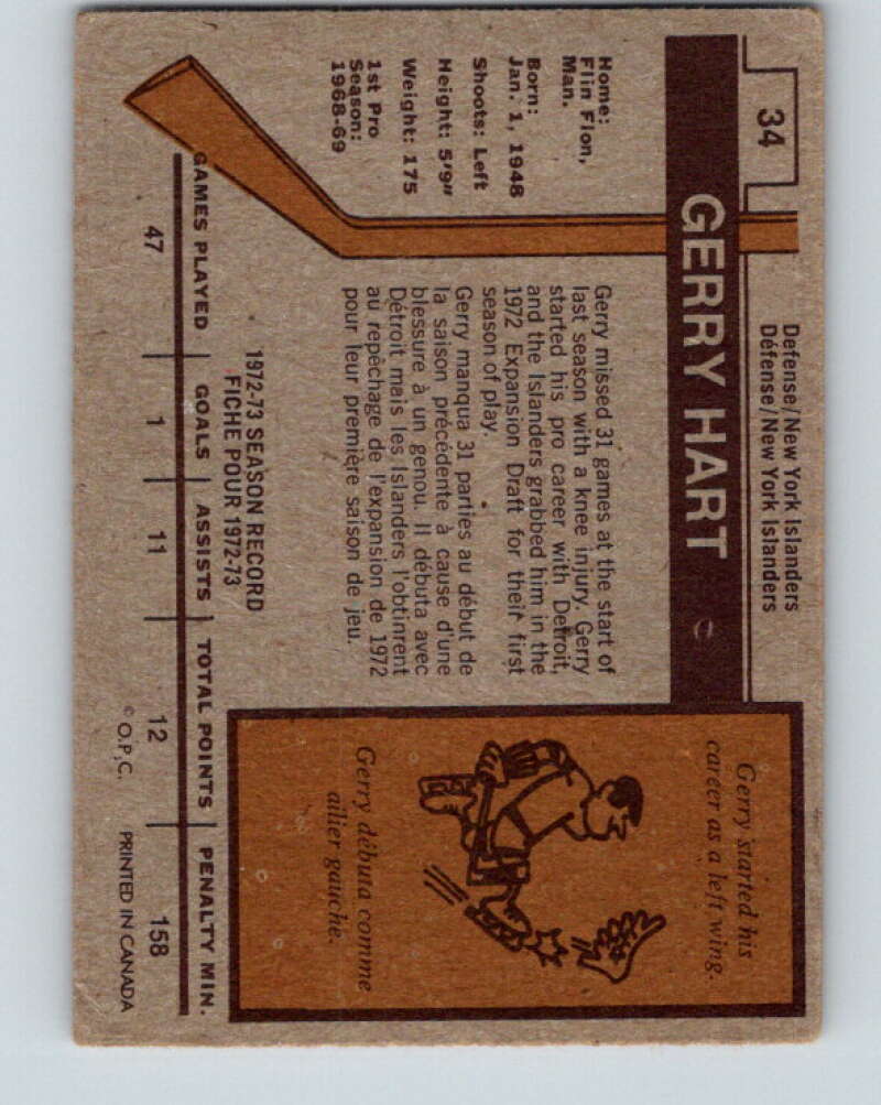 1973-74 O-Pee-Chee #34 Gerry Hart New York Islanders V8062