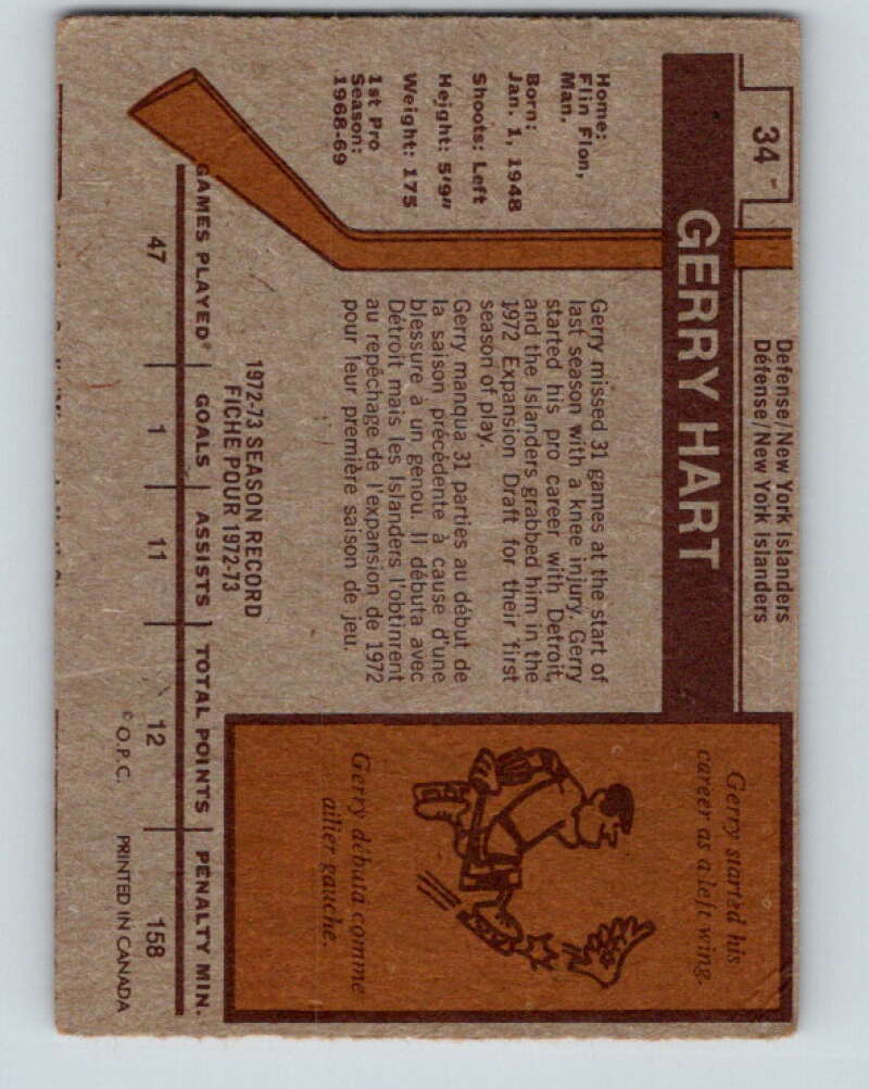 1973-74 O-Pee-Chee #34 Gerry Hart New York Islanders V8063