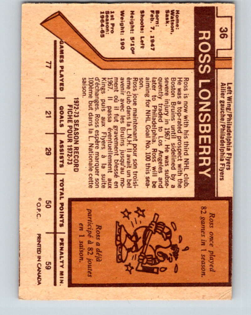 1973-74 O-Pee-Chee #36 Ross Lonsberry Philadelphia Flyers V8067