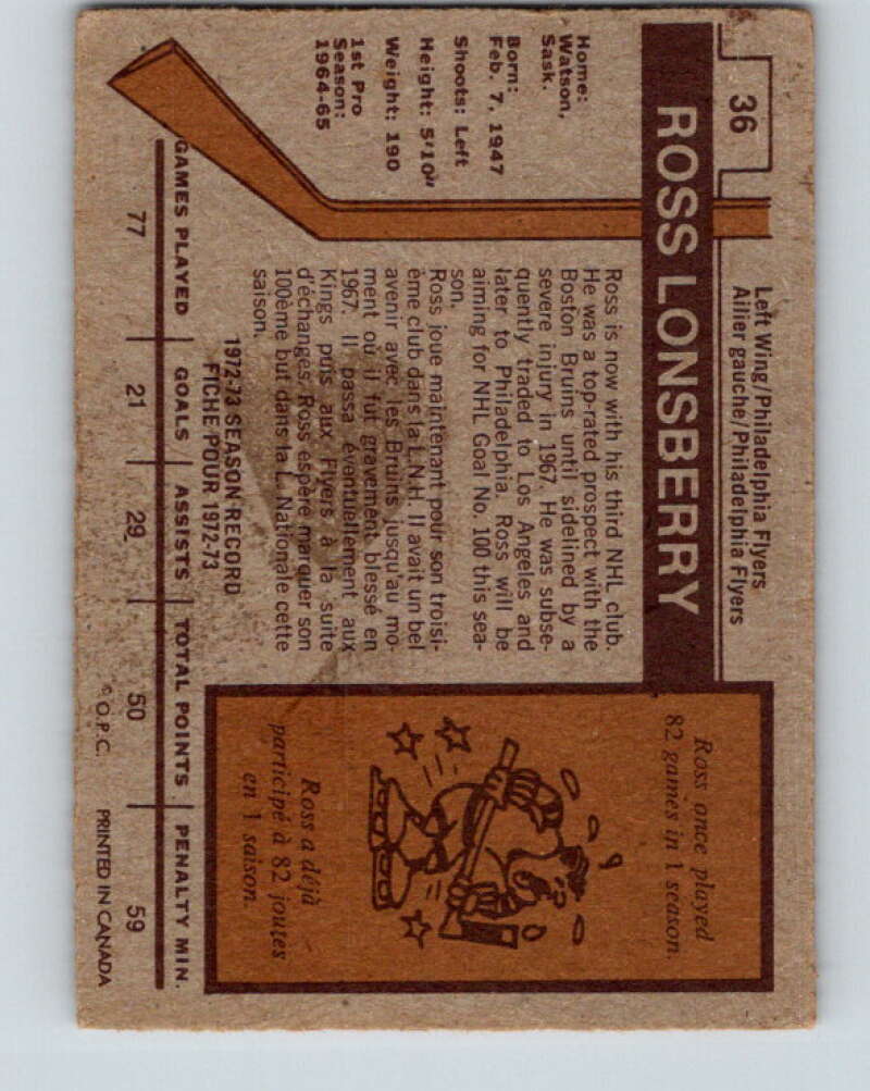 1973-74 O-Pee-Chee #36 Ross Lonsberry Philadelphia Flyers V8068