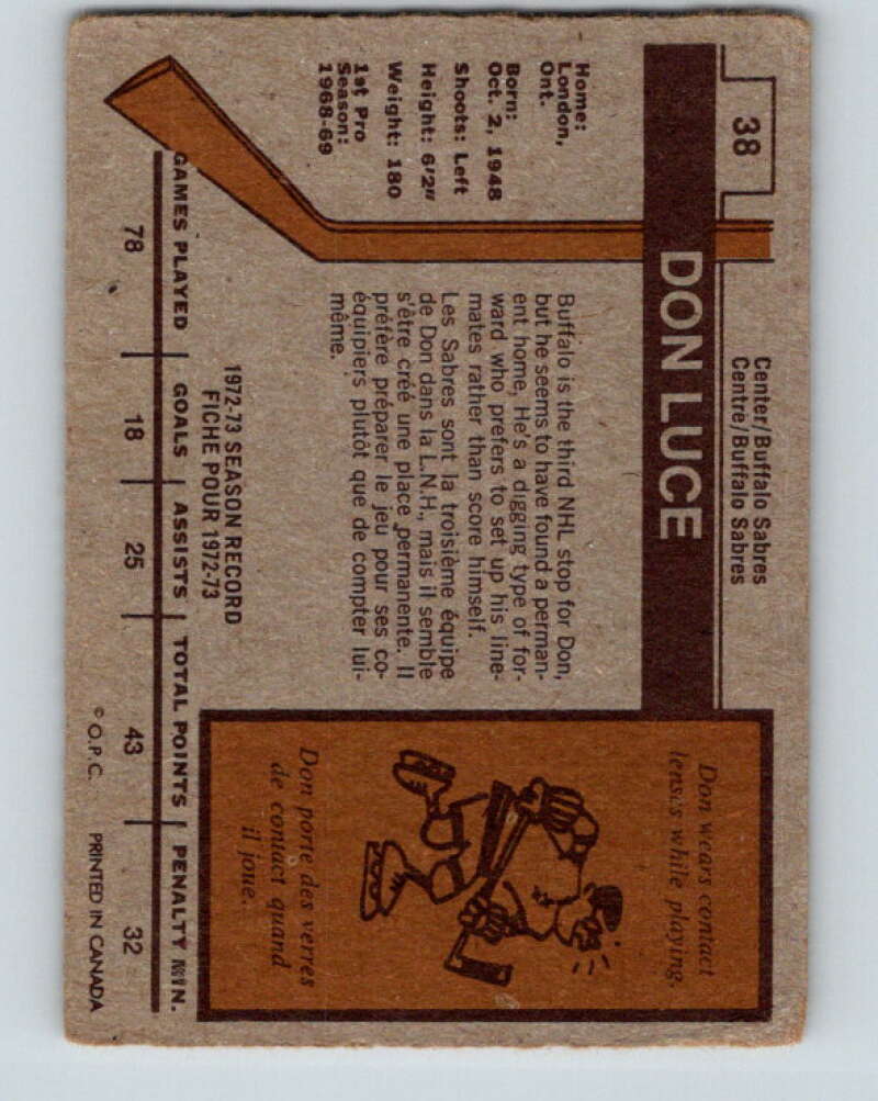 1973-74 O-Pee-Chee #38 Don Luce Buffalo Sabres V8072