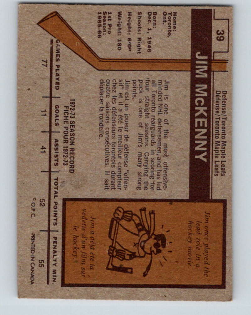 1973-74 O-Pee-Chee #39 Jim McKenny Toronto Maple Leafs V8073