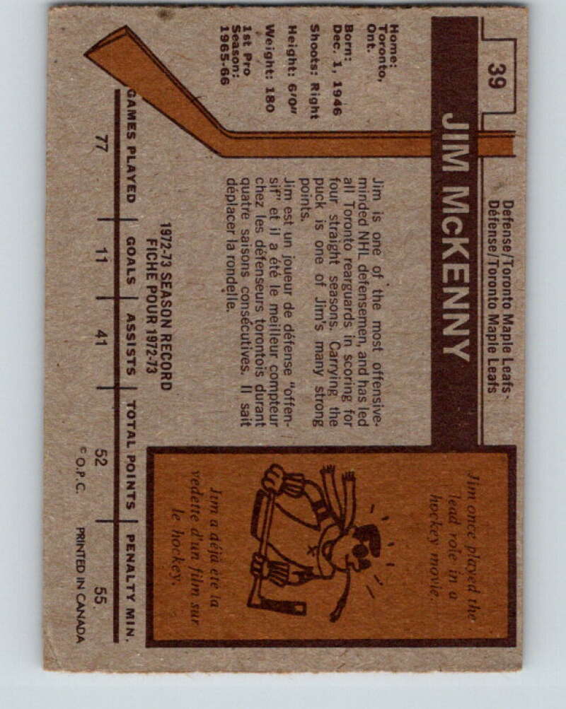 1973-74 O-Pee-Chee #39 Jim McKenny Toronto Maple Leafs V8074