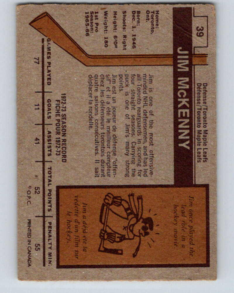 1973-74 O-Pee-Chee #39 Jim McKenny Toronto Maple Leafs V8077