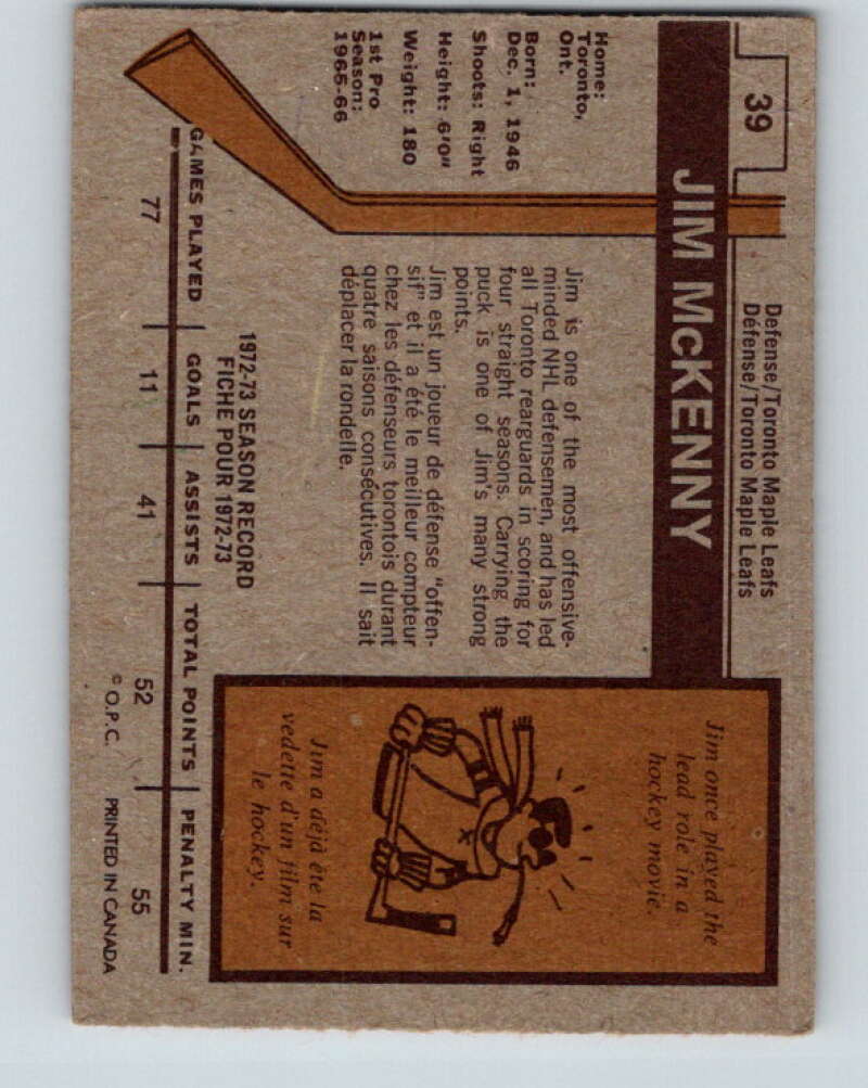 1973-74 O-Pee-Chee #39 Jim McKenny Toronto Maple Leafs V8078
