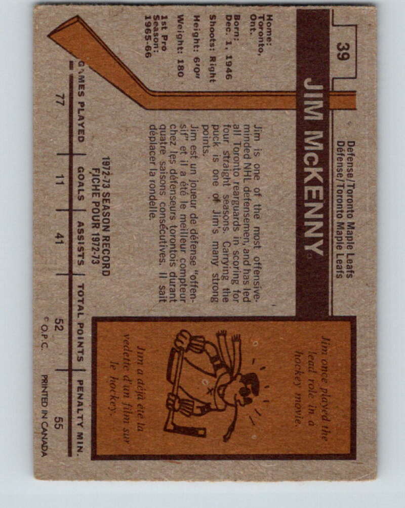 1973-74 O-Pee-Chee #39 Jim McKenny Toronto Maple Leafs V8080