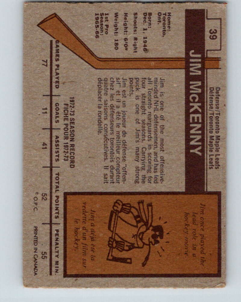 1973-74 O-Pee-Chee #39 Jim McKenny Toronto Maple Leafs V8081