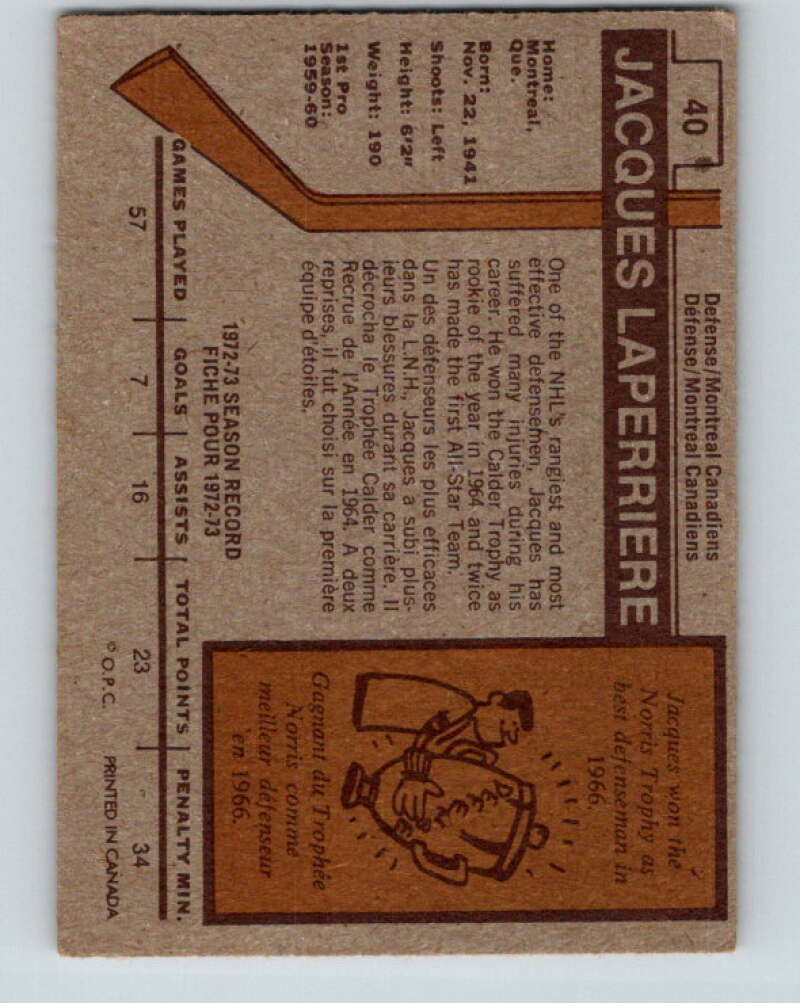 1973-74 O-Pee-Chee #40 Jacques Laperriere Montreal Canadiens V8082
