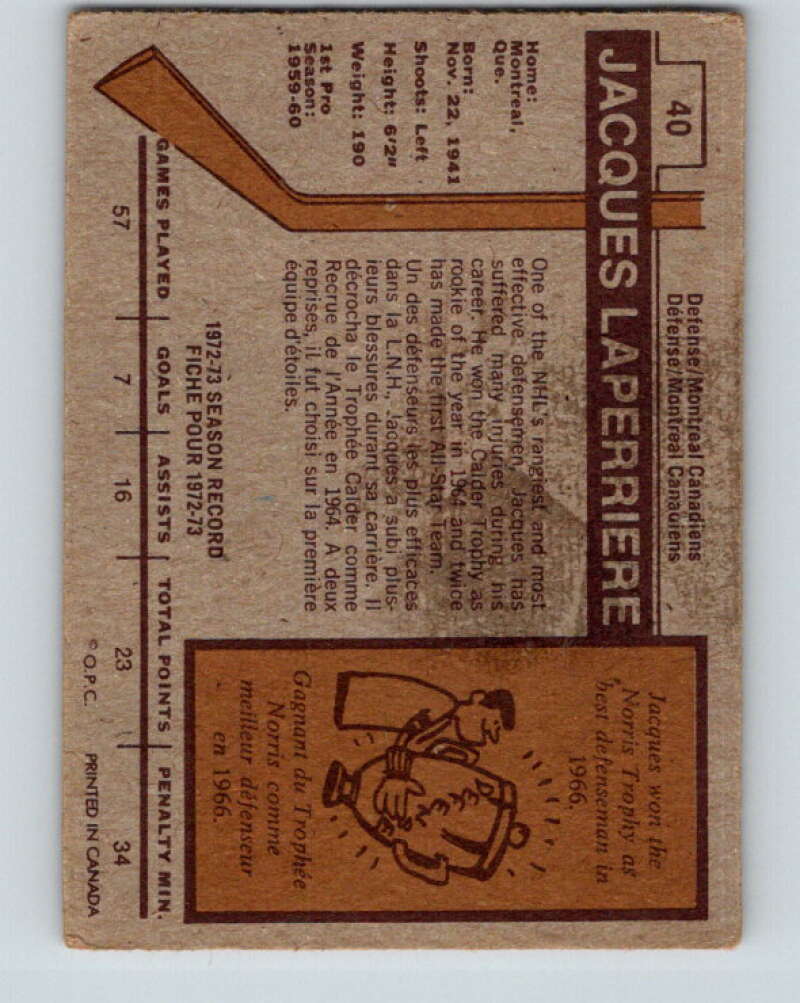 1973-74 O-Pee-Chee #40 Jacques Laperriere Montreal Canadiens V8083