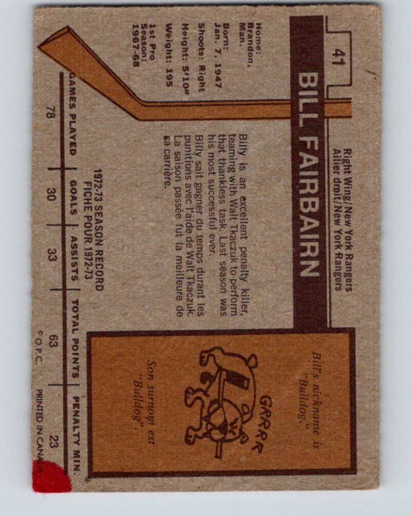 1973-74 O-Pee-Chee #41 Bill Fairbairn New York Rangers V8084