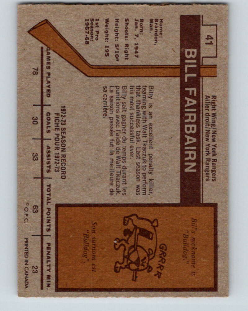 1973-74 O-Pee-Chee #41 Bill Fairbairn New York Rangers V8085