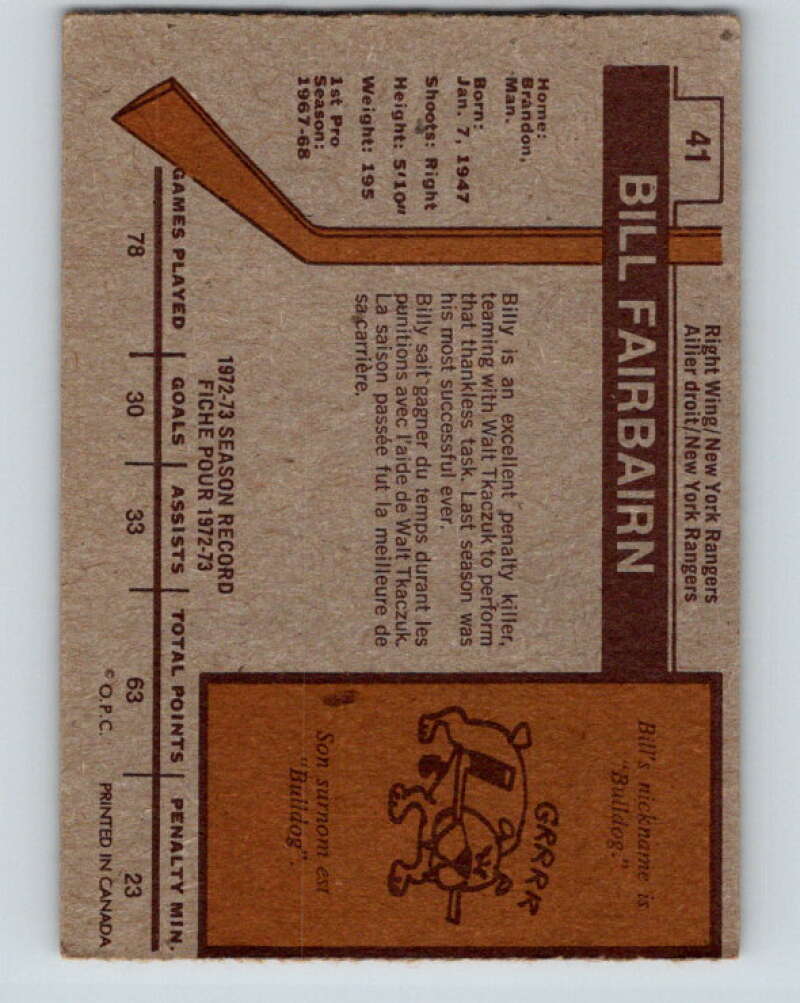 1973-74 O-Pee-Chee #41 Bill Fairbairn New York Rangers V8087