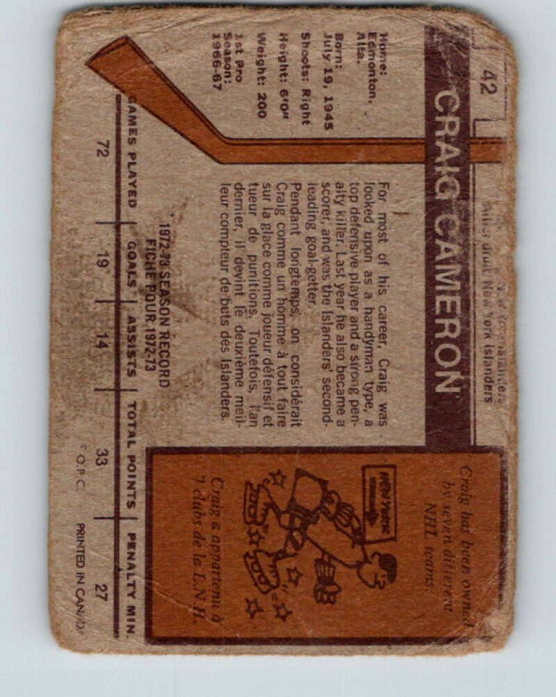 1973-74 O-Pee-Chee #42 Craig Cameron New York Islanders V8090