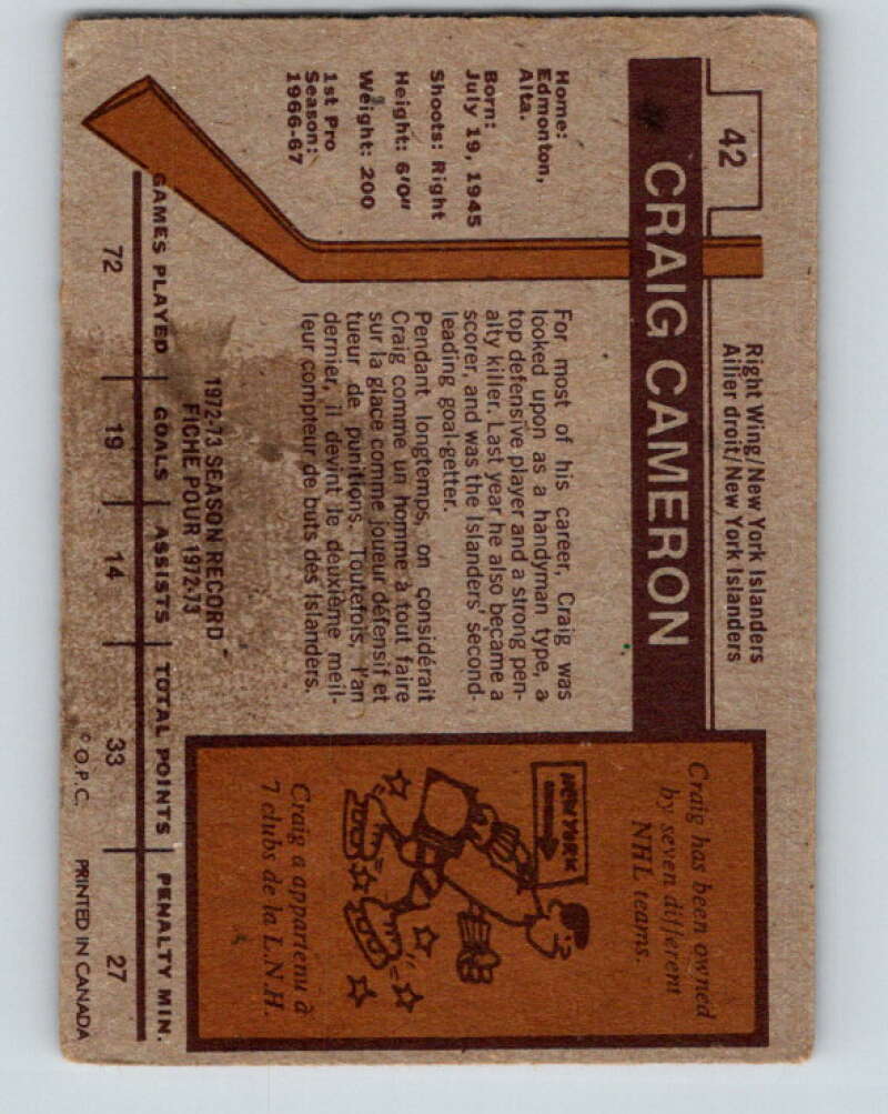 1973-74 O-Pee-Chee #42 Craig Cameron New York Islanders V8092
