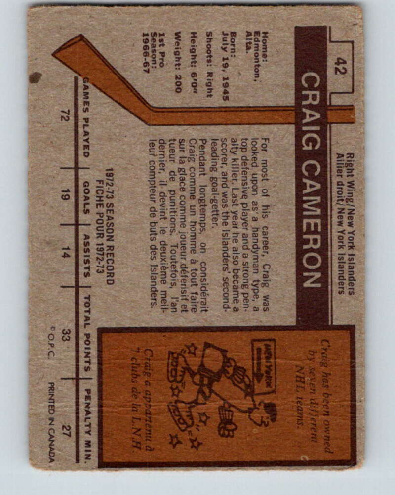 1973-74 O-Pee-Chee #42 Craig Cameron New York Islanders V8094