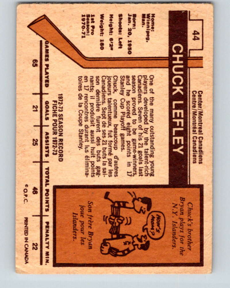 1973-74 O-Pee-Chee #44 Chuck Lefley RC Rookie Montreal Canadiens V8098