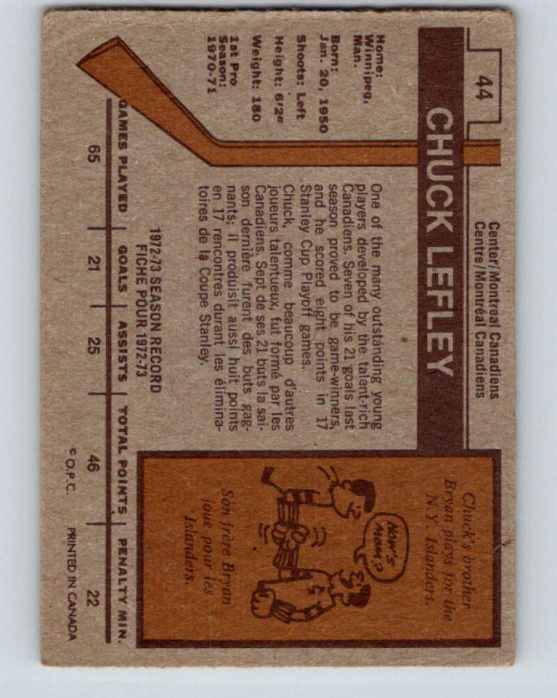 1973-74 O-Pee-Chee #44 Chuck Lefley RC Rookie Montreal Canadiens V8099