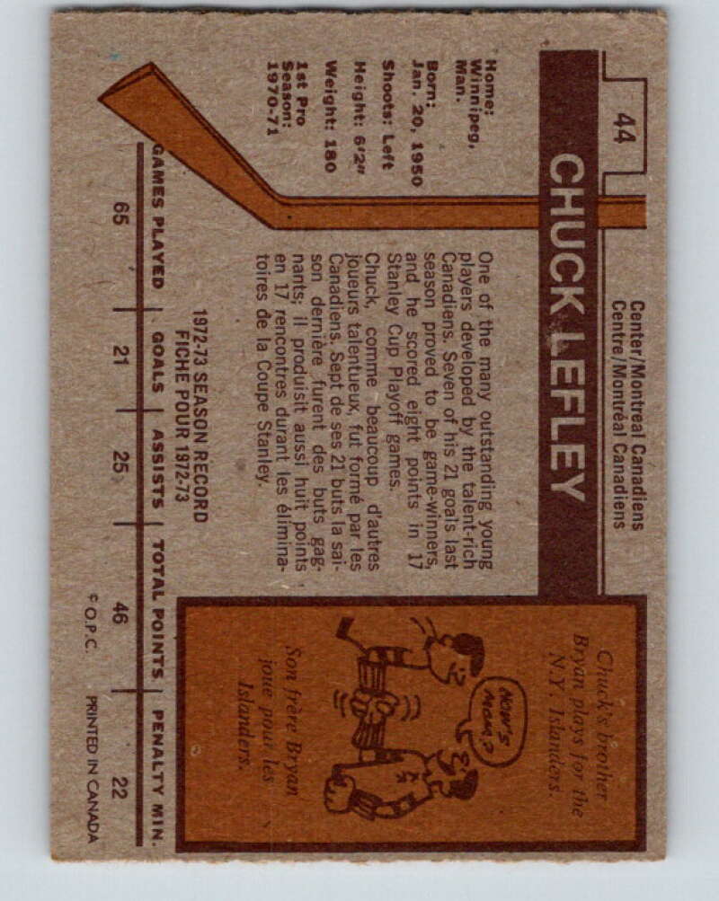 1973-74 O-Pee-Chee #44 Chuck Lefley RC Rookie Montreal Canadiens V8100