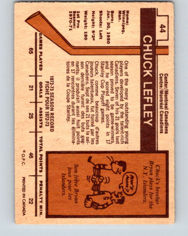 1973-74 O-Pee-Chee #44 Chuck Lefley RC Rookie Montreal Canadiens V8101