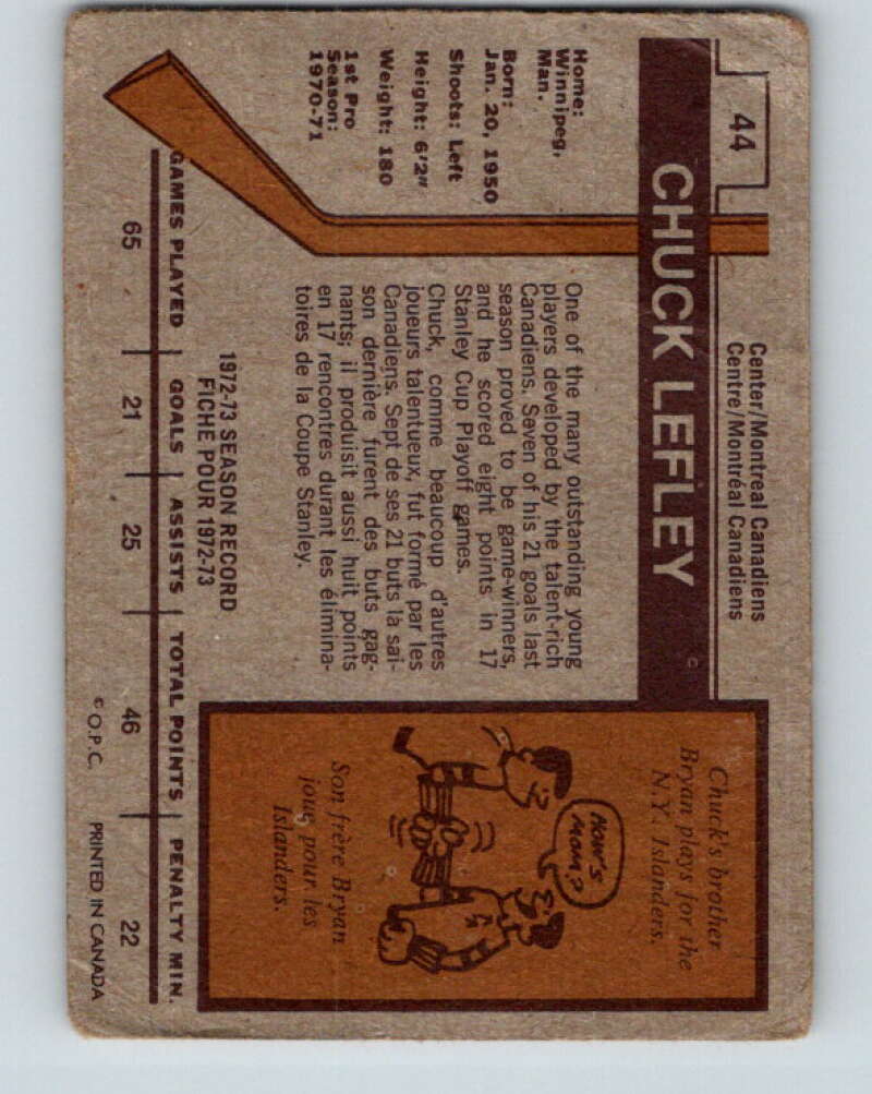 1973-74 O-Pee-Chee #44 Chuck Lefley RC Rookie Montreal Canadiens V8103
