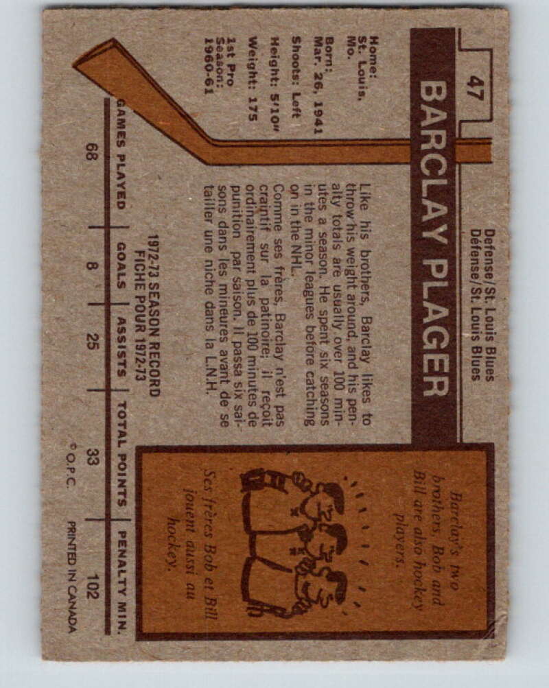 1973-74 O-Pee-Chee #47 Barclay Plager St. Louis Blues V8111