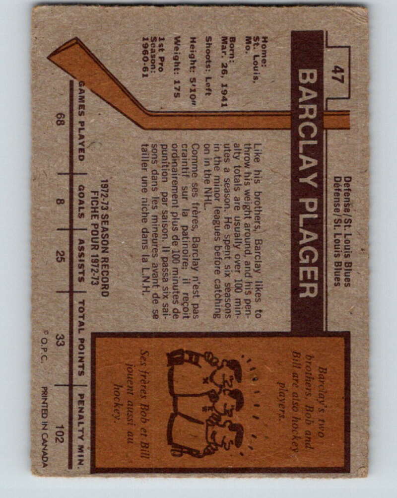 1973-74 O-Pee-Chee #47 Barclay Plager St. Louis Blues V8113