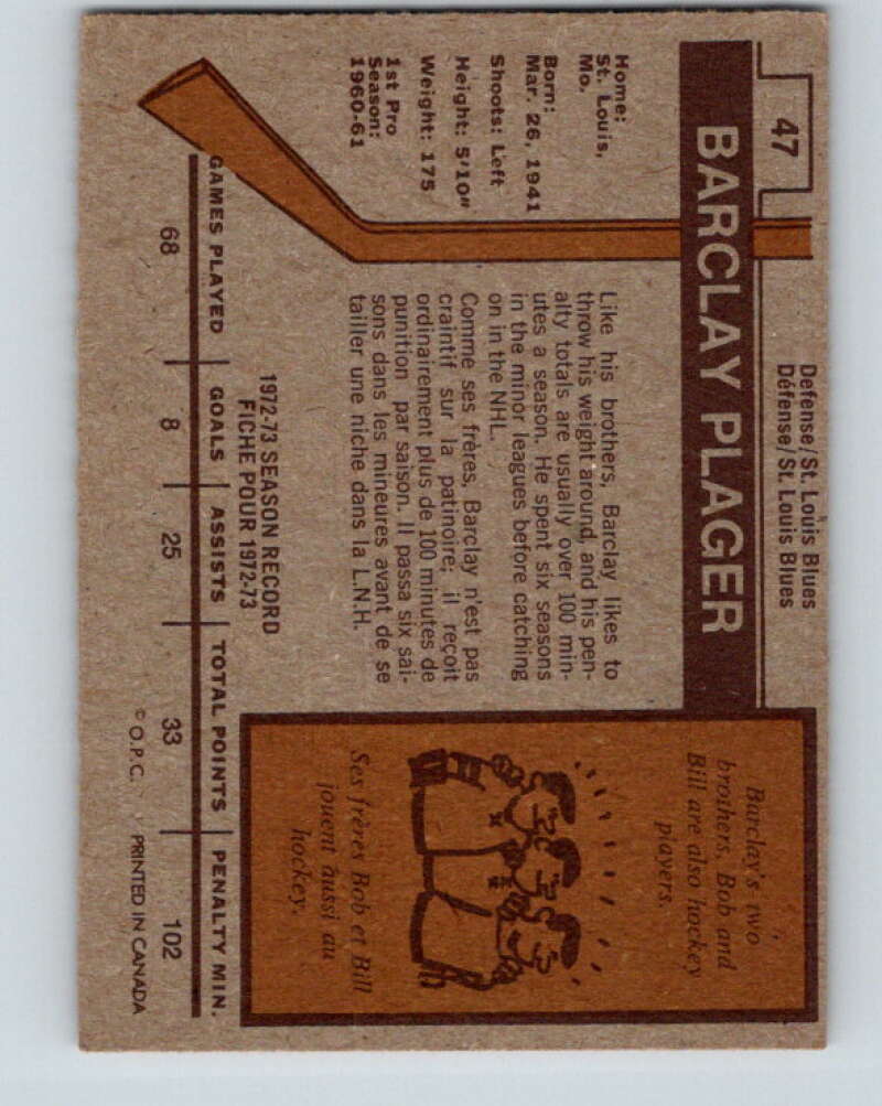 1973-74 O-Pee-Chee #47 Barclay Plager St. Louis Blues V8114