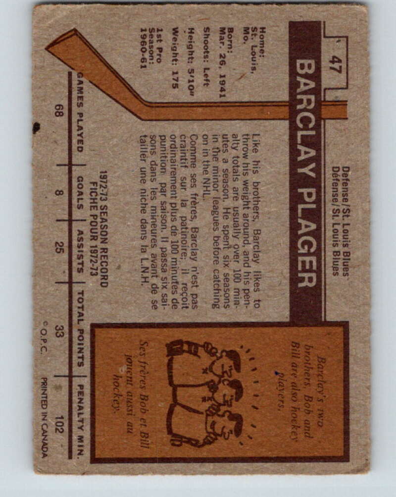 1973-74 O-Pee-Chee #47 Barclay Plager St. Louis Blues V8115