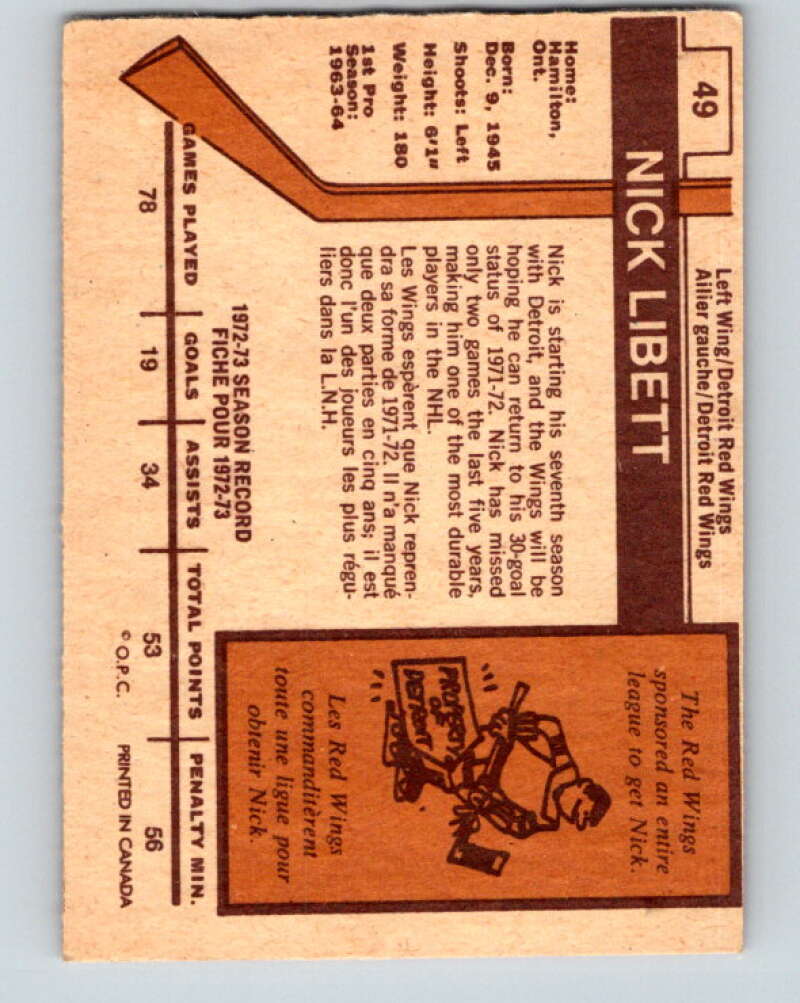 1973-74 O-Pee-Chee #49 Nick Libett Detroit Red Wings V8123