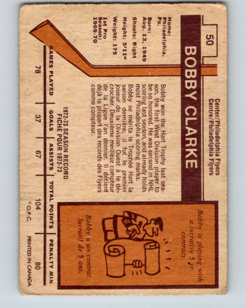 1973-74 O-Pee-Chee #50 Bobby Clarke Philadelphia Flyers V8128