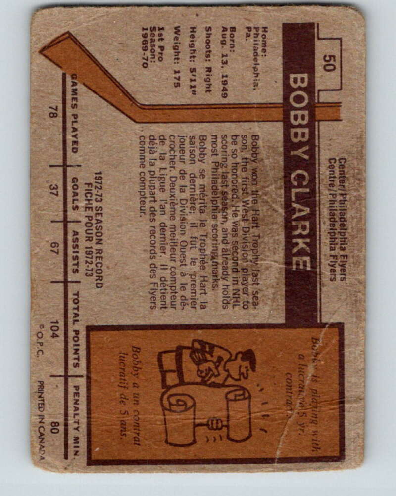 1973-74 O-Pee-Chee #50 Bobby Clarke Philadelphia Flyers V8129