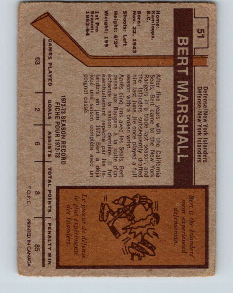 1973-74 O-Pee-Chee #51 Bert Marshall New York Islanders V8131