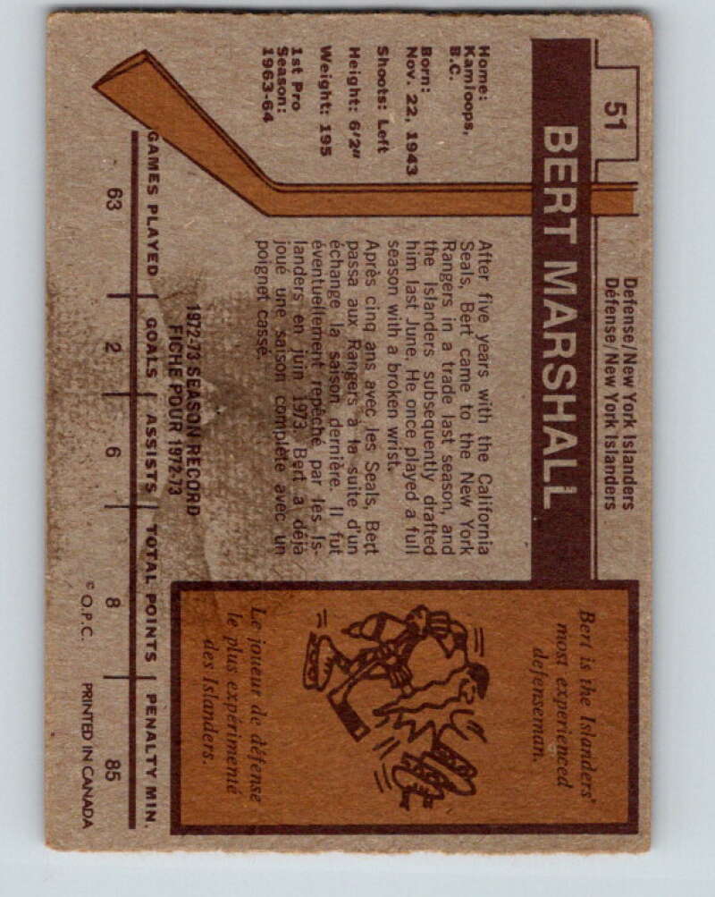 1973-74 O-Pee-Chee #51 Bert Marshall New York Islanders V8132