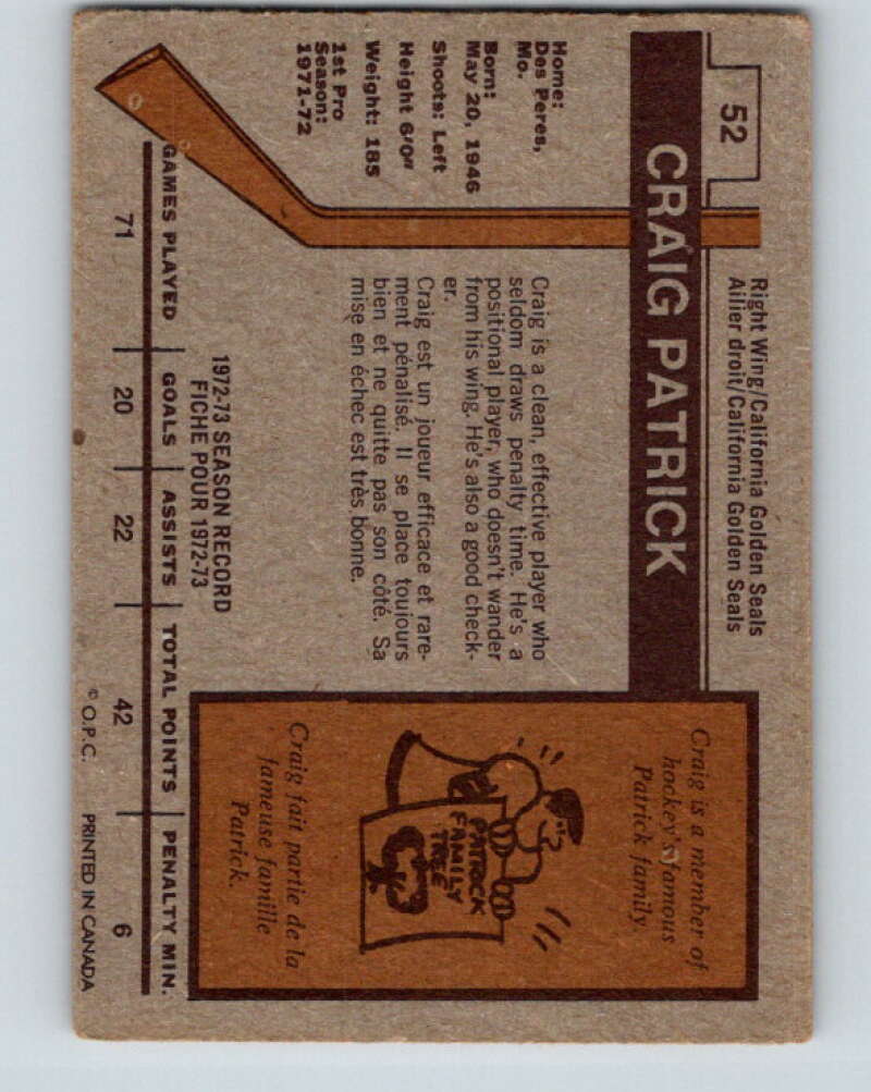 1973-74 O-Pee-Chee #52 Craig Patrick California Golden Seals V8134